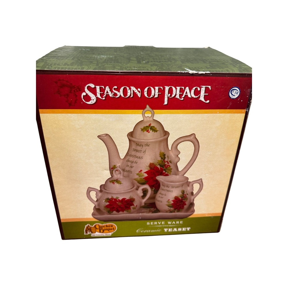 Cracker Barrel Season of Peace Ceramic Tea Set Poinsettia Christmas 4-Piece Tray